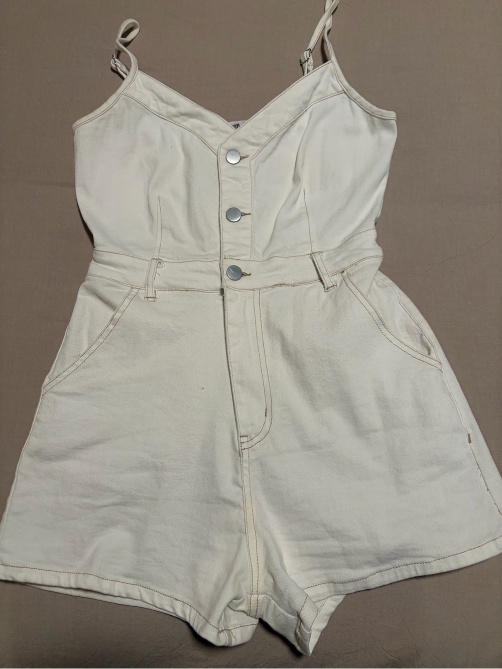 White Button-Front Denim Romper with Adjustable Straps